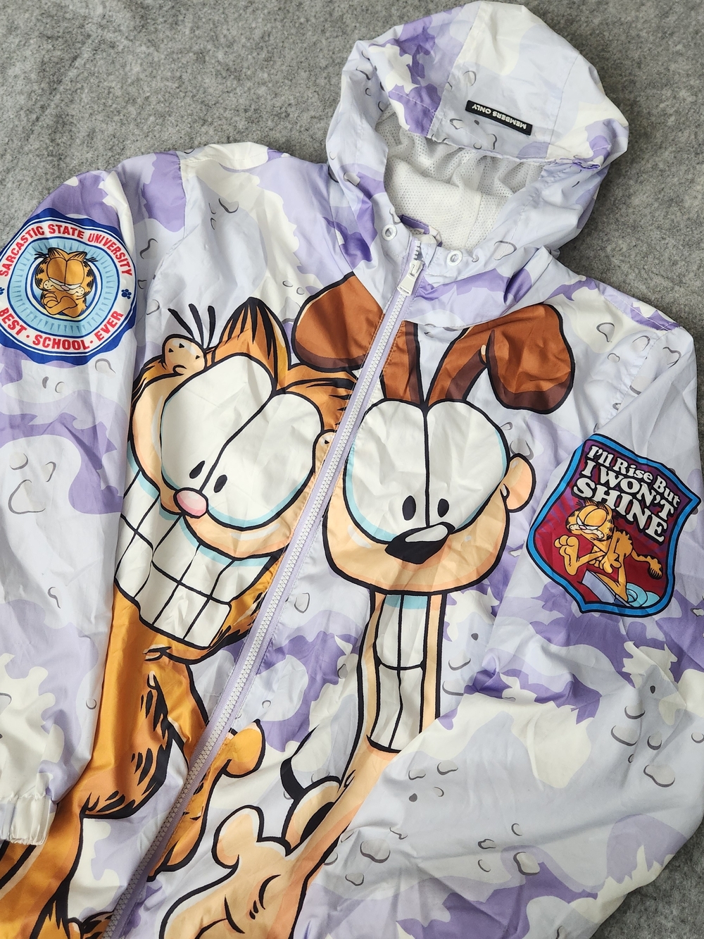 Garfield x Members Only Hoodie Windbreaker Jacket Men's L Purple Full Zip Odie